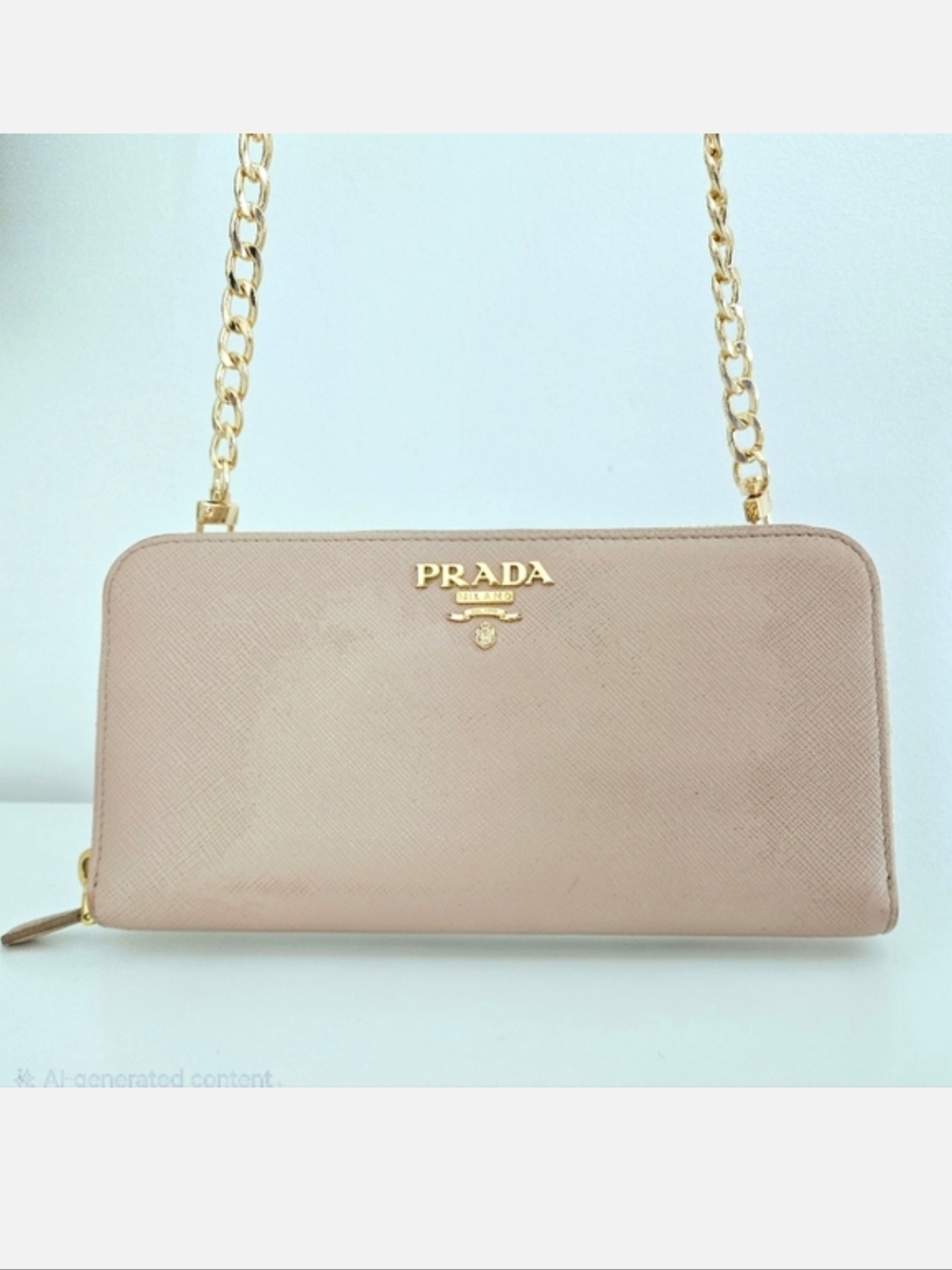 Authentic PRADA Vitello Zip Nude Blush & Gold Saffiano Leather Wallet WOC Clutch